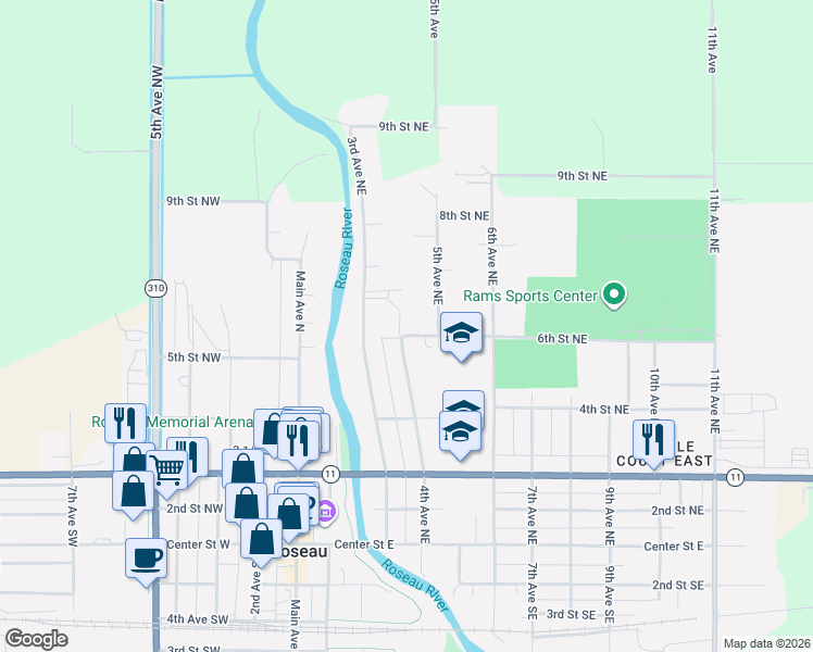 map of restaurants, bars, coffee shops, grocery stores, and more near 401 6th Street Northeast in Roseau