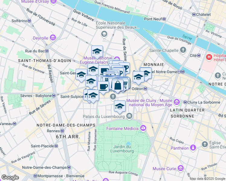 map of restaurants, bars, coffee shops, grocery stores, and more near 6 Rue Guisarde in Paris