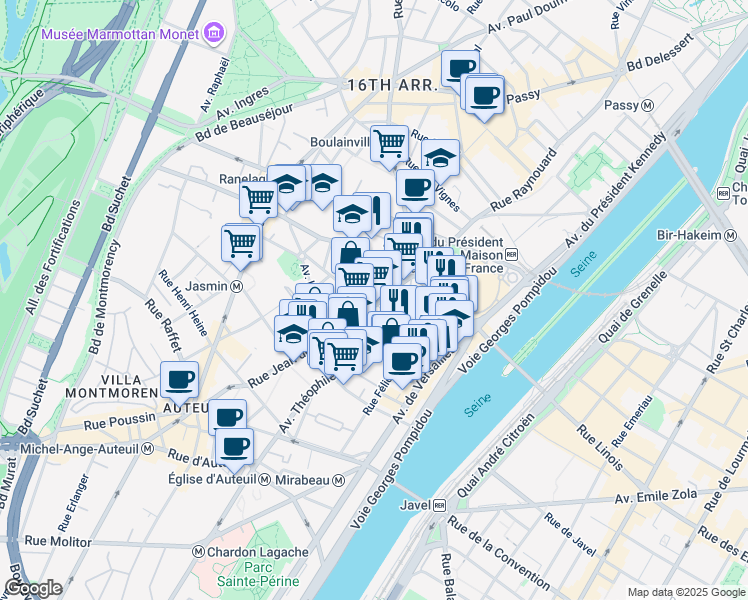 map of restaurants, bars, coffee shops, grocery stores, and more near 22 Rue Jean de la Fontaine in Paris