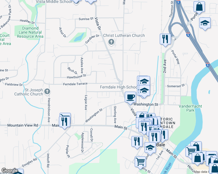 map of restaurants, bars, coffee shops, grocery stores, and more near 2139 Ferndale Terrace in Ferndale