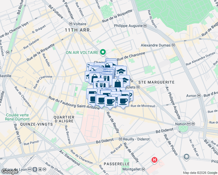 map of restaurants, bars, coffee shops, grocery stores, and more near 18 Rue Paul Bert in Paris