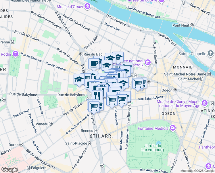 map of restaurants, bars, coffee shops, grocery stores, and more near 5 Rue de Grenelle in Paris