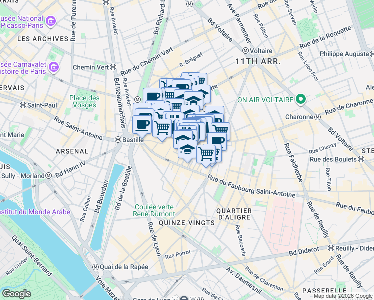 map of restaurants, bars, coffee shops, grocery stores, and more near 13 Rue de Charonne in Paris
