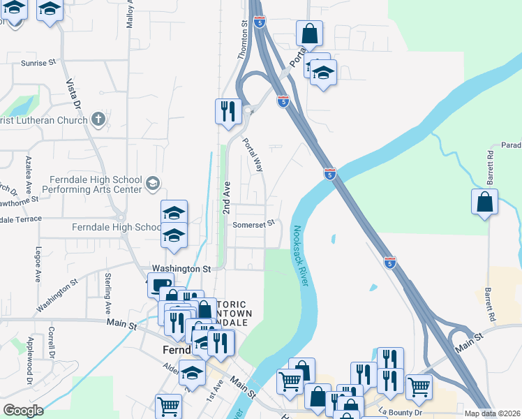 map of restaurants, bars, coffee shops, grocery stores, and more near 5825 Portal Way in Ferndale