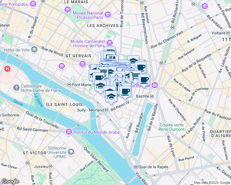 map of restaurants, bars, coffee shops, grocery stores, and more near 12 Rue Beautreillis in Paris