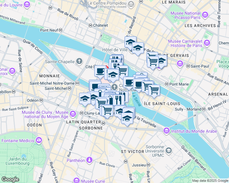 map of restaurants, bars, coffee shops, grocery stores, and more near 6 Parvis Notre Dame - Place Jean-Paul II in Paris