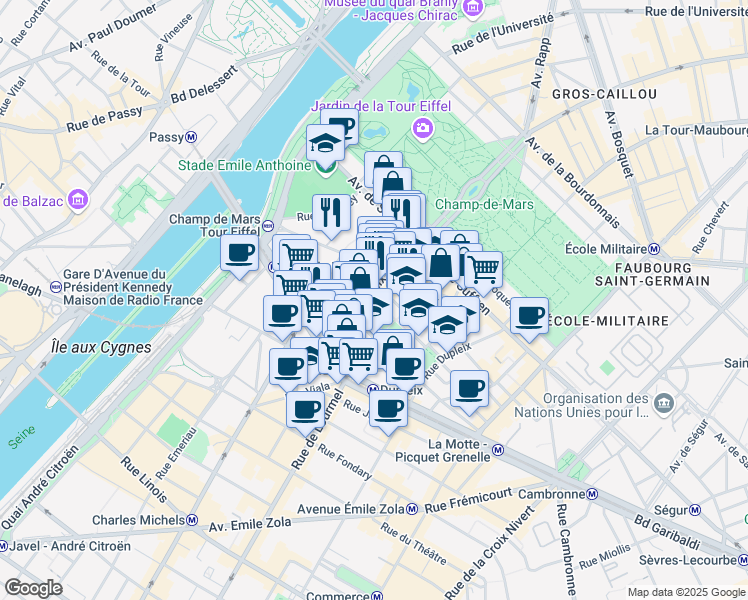 map of restaurants, bars, coffee shops, grocery stores, and more near 23 Rue Desaix in Paris