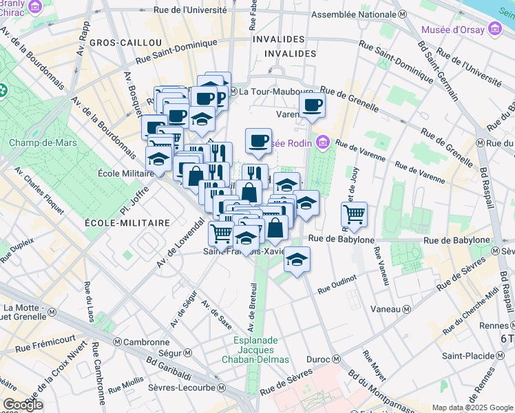 map of restaurants, bars, coffee shops, grocery stores, and more near 7 Place Vauban in Paris