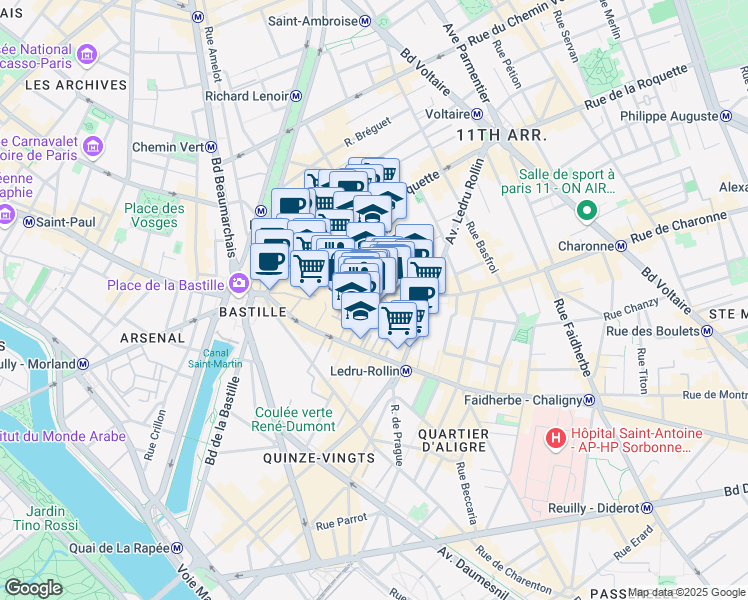 map of restaurants, bars, coffee shops, grocery stores, and more near 21 Rue de Charonne in Paris