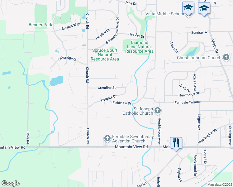 map of restaurants, bars, coffee shops, grocery stores, and more near 2406 Heights Drive in Ferndale