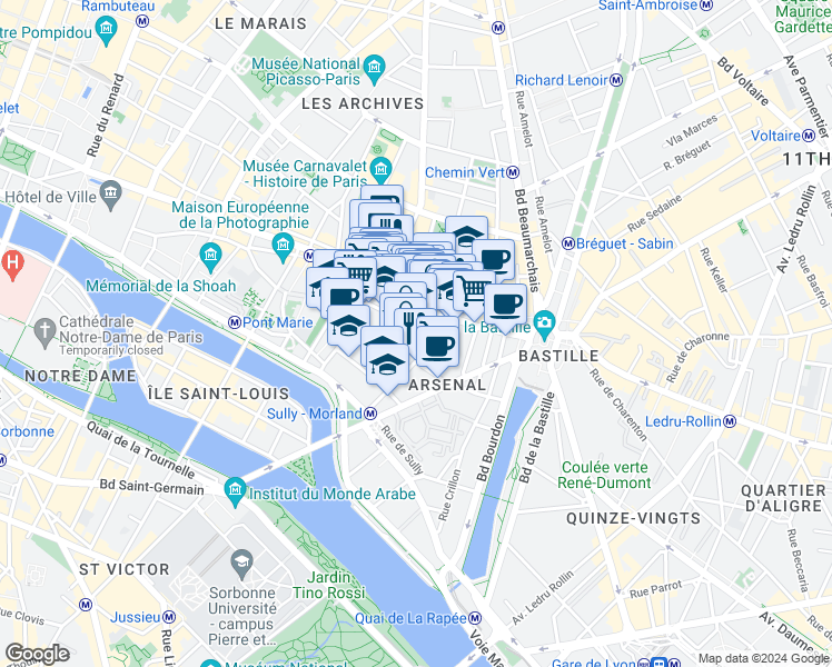 map of restaurants, bars, coffee shops, grocery stores, and more near 20 Rue Beautreillis in Paris