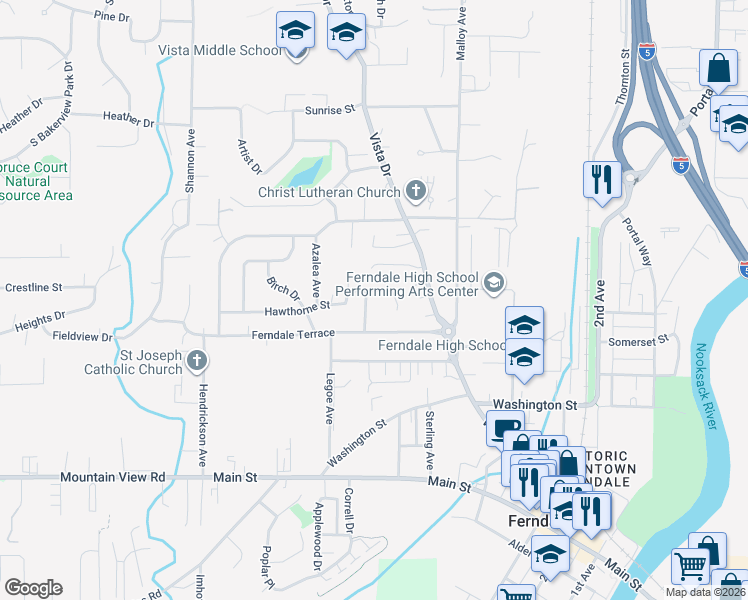 map of restaurants, bars, coffee shops, grocery stores, and more near 5840 Hawthorne Place in Ferndale