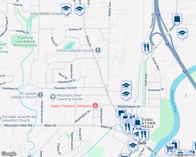 map of restaurants, bars, coffee shops, grocery stores, and more near 5845 Vista Dr in Ferndale