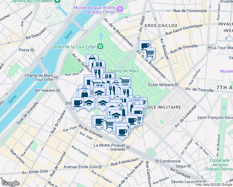 map of restaurants, bars, coffee shops, grocery stores, and more near 49 Avenue de Suffren in Paris