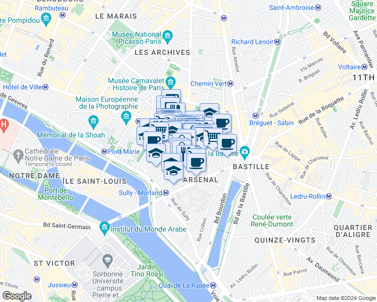 map of restaurants, bars, coffee shops, grocery stores, and more near 25 Rue Beautreillis in Paris