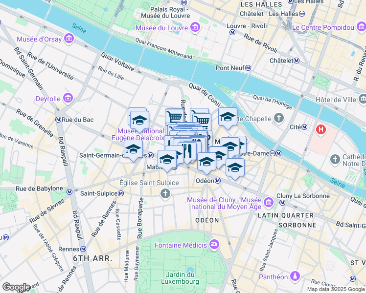 map of restaurants, bars, coffee shops, grocery stores, and more near 54 Rue de Seine in Paris