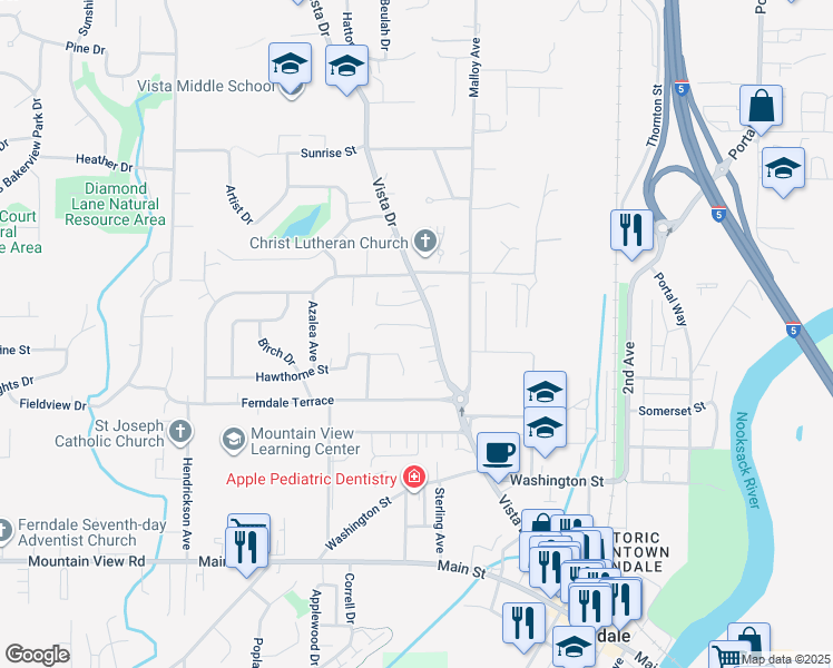 map of restaurants, bars, coffee shops, grocery stores, and more near 5845 Vista Drive in Ferndale