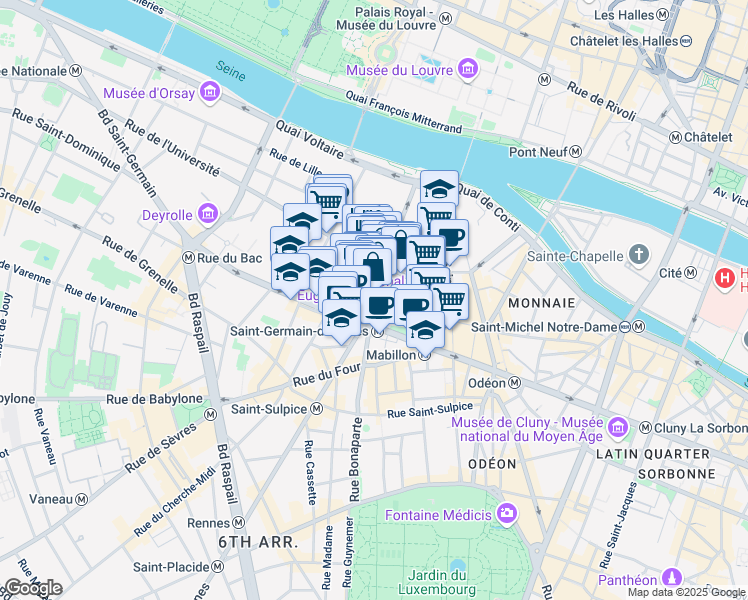 map of restaurants, bars, coffee shops, grocery stores, and more near 42 Rue Bonaparte in Paris