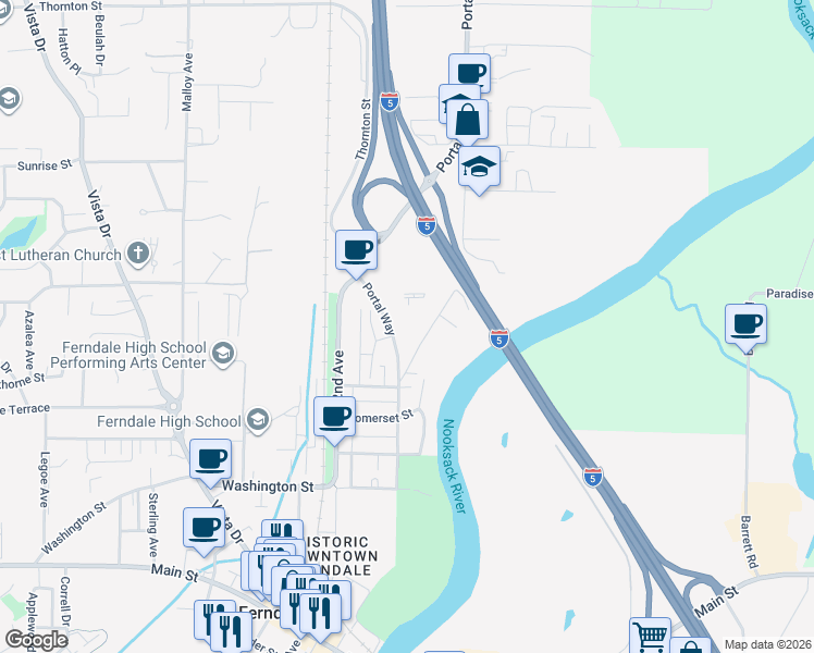 map of restaurants, bars, coffee shops, grocery stores, and more near 5880 Portal Way in Ferndale