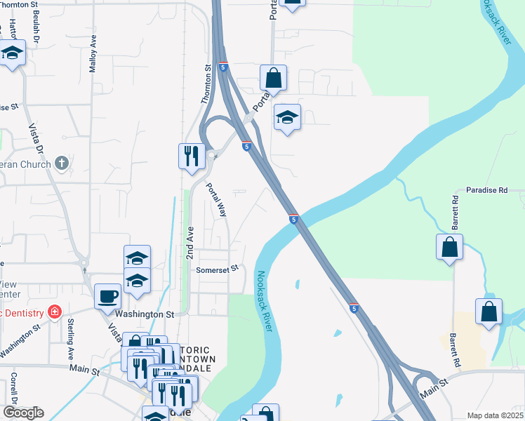 map of restaurants, bars, coffee shops, grocery stores, and more near 5889 Cedar Street in Ferndale