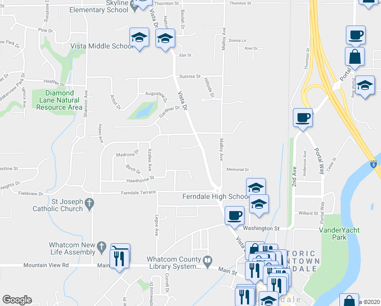 map of restaurants, bars, coffee shops, grocery stores, and more near 2141 Eastview Place in Ferndale