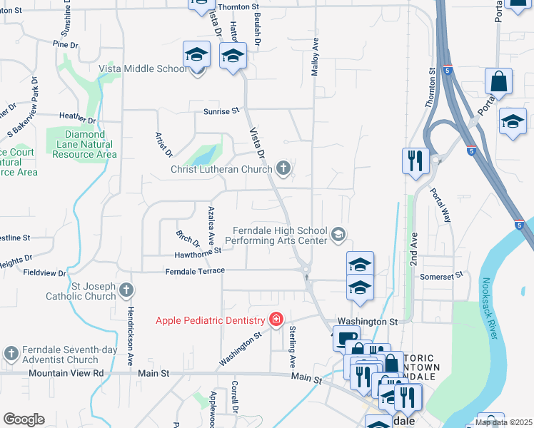 map of restaurants, bars, coffee shops, grocery stores, and more near 2141 Eastview Place in Ferndale