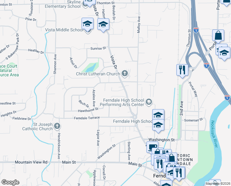 map of restaurants, bars, coffee shops, grocery stores, and more near 2157 Eastview Place in Ferndale