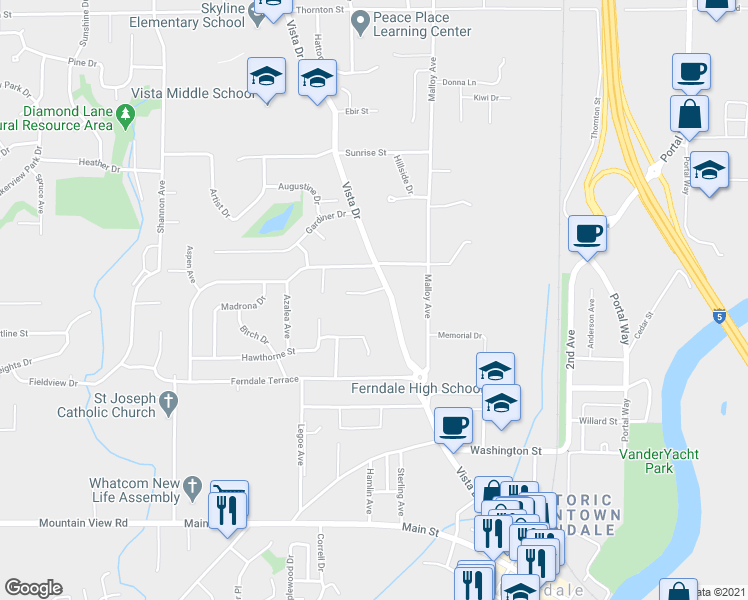 map of restaurants, bars, coffee shops, grocery stores, and more near 2141 Eastview Place in Ferndale