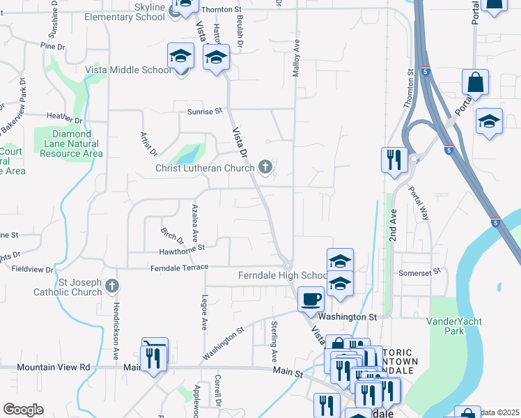 map of restaurants, bars, coffee shops, grocery stores, and more near 2141 Eastview Place in Ferndale
