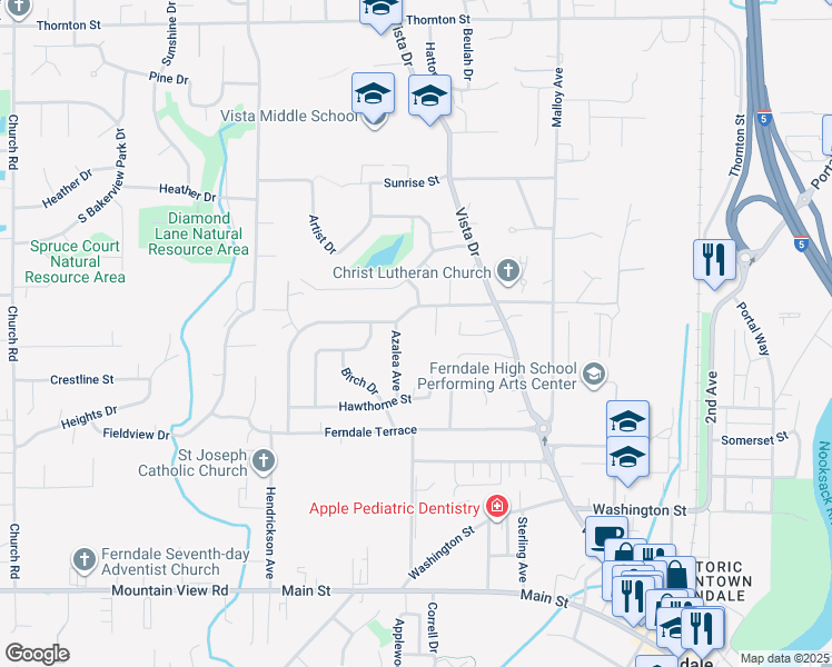 map of restaurants, bars, coffee shops, grocery stores, and more near 5824 Pioneer Ridge Place in Ferndale