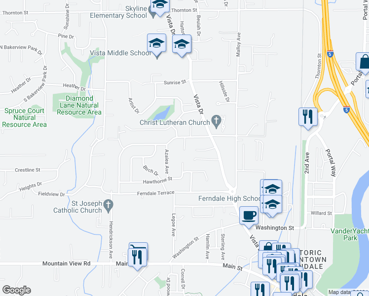 map of restaurants, bars, coffee shops, grocery stores, and more near Pioneer Ridge Place in Ferndale