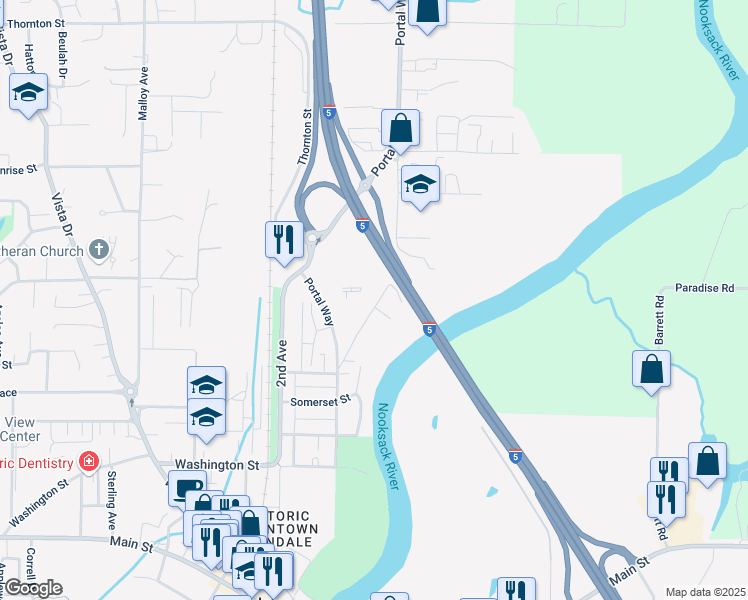 map of restaurants, bars, coffee shops, grocery stores, and more near 5889 Cedar Street in Ferndale
