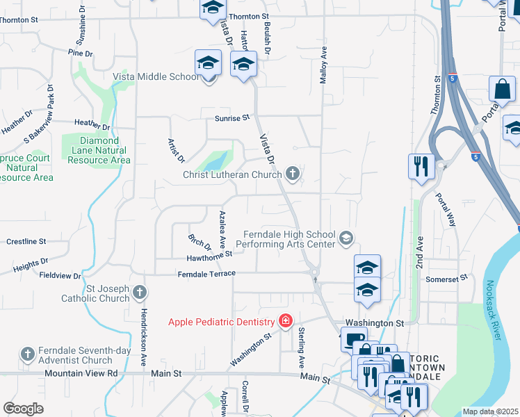 map of restaurants, bars, coffee shops, grocery stores, and more near 2166 Eastview Place in Ferndale