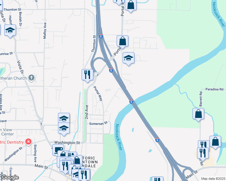 map of restaurants, bars, coffee shops, grocery stores, and more near 5889 Cedar Street in Ferndale