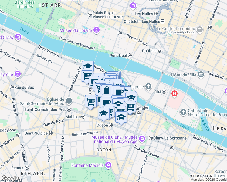 map of restaurants, bars, coffee shops, grocery stores, and more near 19 Rue Dauphine in Paris