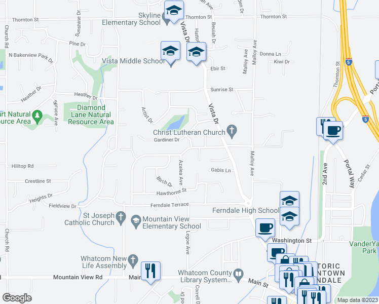 map of restaurants, bars, coffee shops, grocery stores, and more near 2149 Seamount Drive in Ferndale