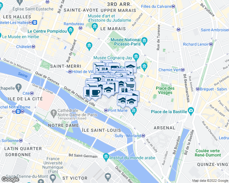 map of restaurants, bars, coffee shops, grocery stores, and more near 68 Rue François Miron in Paris