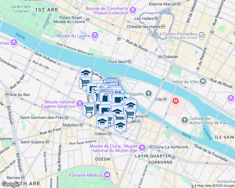 map of restaurants, bars, coffee shops, grocery stores, and more near 55 Quai des Grands Augustins in Paris