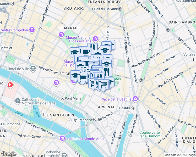 map of restaurants, bars, coffee shops, grocery stores, and more near 6 Rue de Jarente in Paris