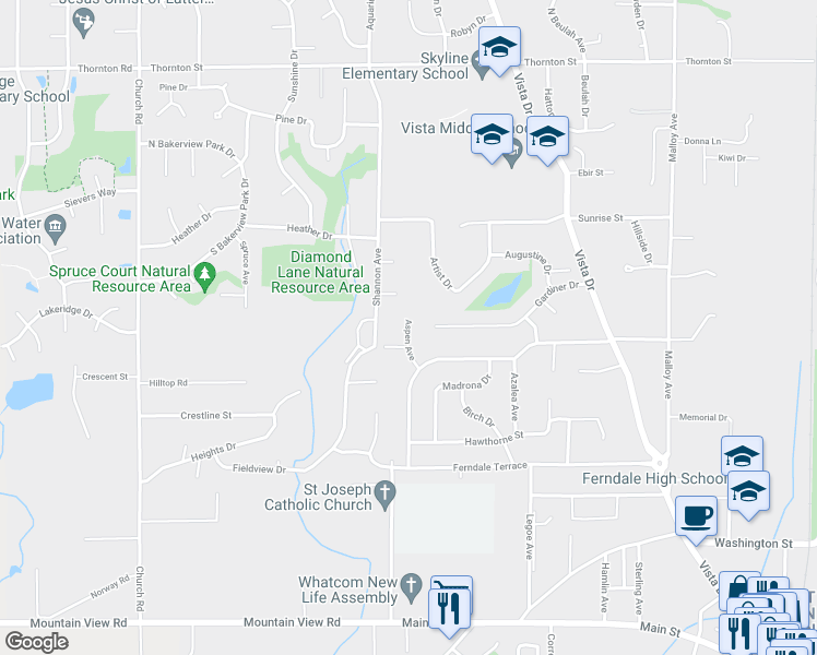 map of restaurants, bars, coffee shops, grocery stores, and more near 5960 Aspen Avenue in Ferndale