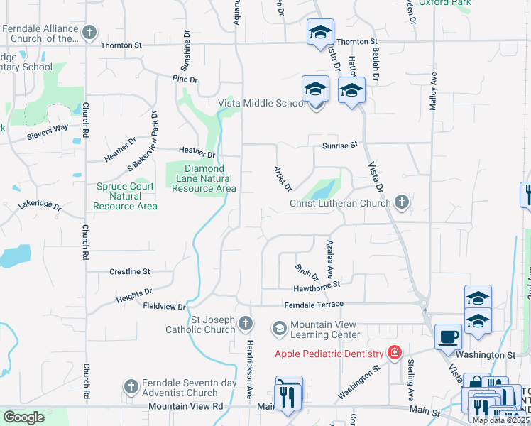 map of restaurants, bars, coffee shops, grocery stores, and more near 2274 Gardiner Drive in Ferndale