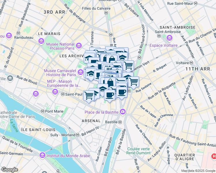 map of restaurants, bars, coffee shops, grocery stores, and more near 8 Rue du Pas de la Mule in Paris
