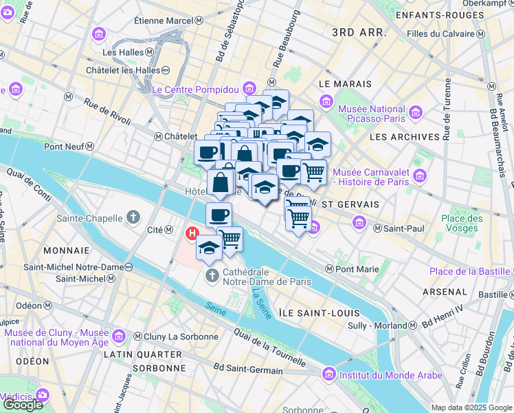 map of restaurants, bars, coffee shops, grocery stores, and more near 29 Rue de Rivoli in Paris