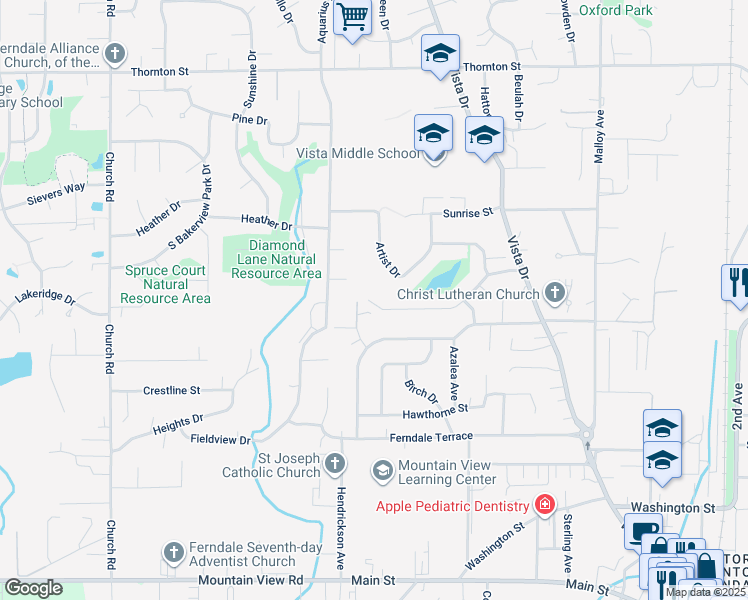 map of restaurants, bars, coffee shops, grocery stores, and more near 2274 Gardiner Drive in Ferndale