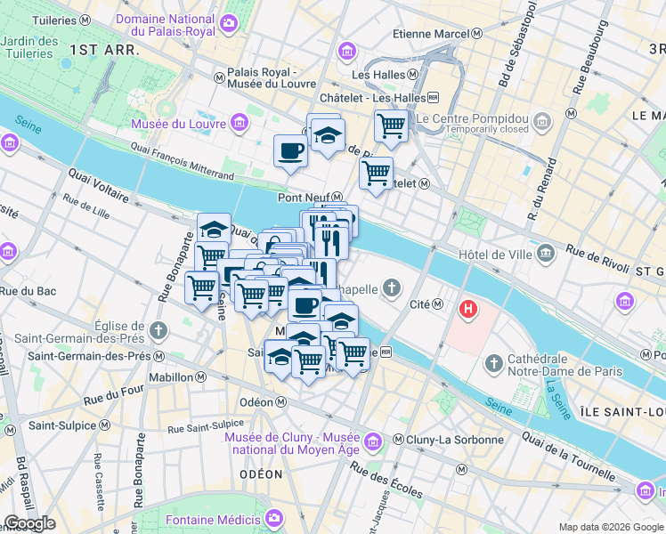 map of restaurants, bars, coffee shops, grocery stores, and more near 17 Place Dauphine in Paris