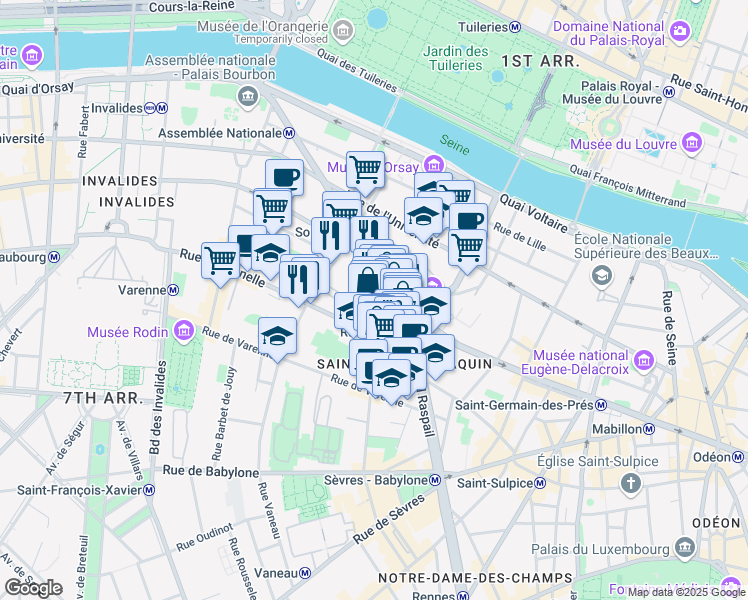 map of restaurants, bars, coffee shops, grocery stores, and more near 6 Rue de Saint-Simon in Paris