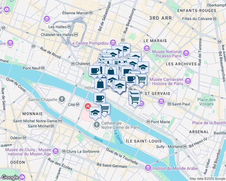 map of restaurants, bars, coffee shops, grocery stores, and more near in Paris