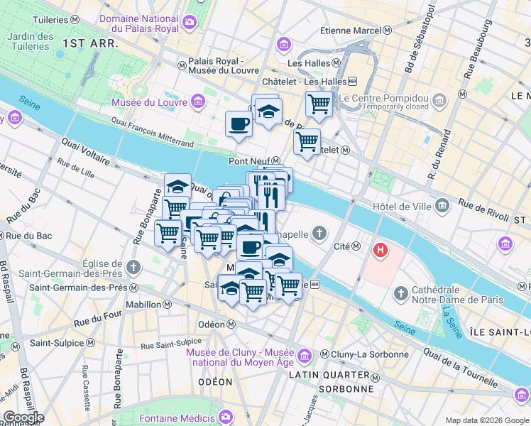 map of restaurants, bars, coffee shops, grocery stores, and more near 66 Quai des Orfèvres in Paris