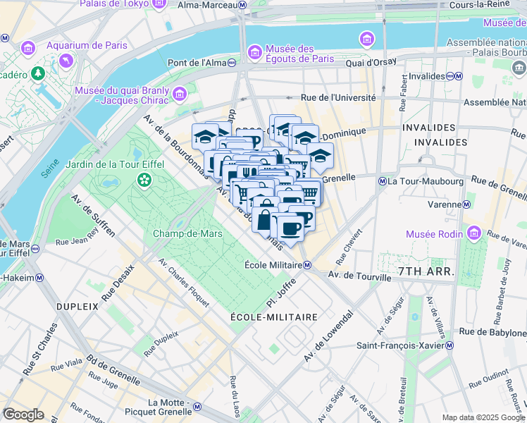 map of restaurants, bars, coffee shops, grocery stores, and more near 210 Rue de Grenelle in Paris