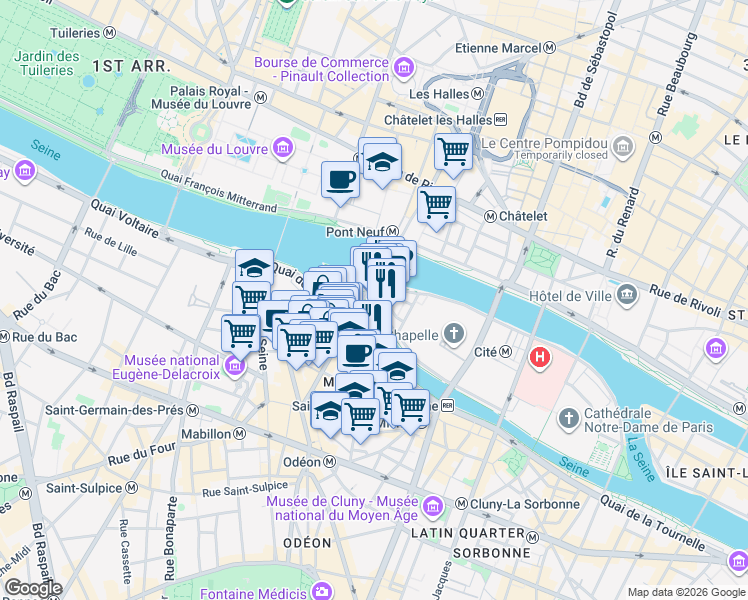 map of restaurants, bars, coffee shops, grocery stores, and more near 72 Quai des Orfèvres in Paris